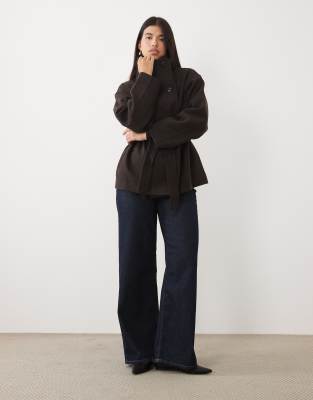 Gina Tricot Short High Funnel Neck Jacket With Wool In Brown