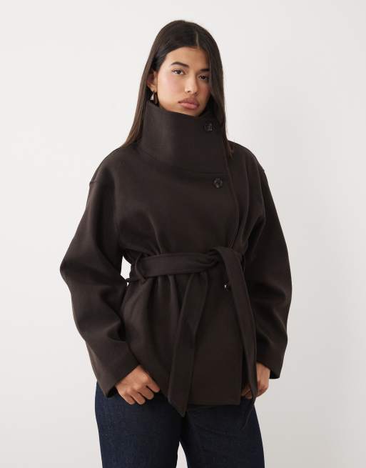 Gina Tricot short high funnel neck jacket with wool in dark brown, 3 of 4