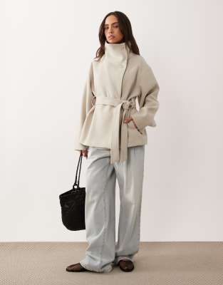 Gina Tricot Short High Funnel Neck Jacket With Wool In Neutral