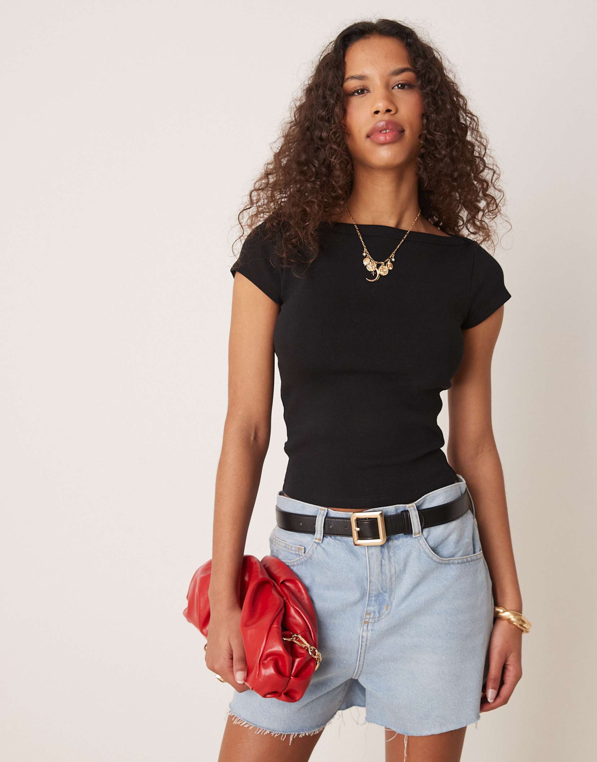 gina tricot short sleeve boatneck slim fit rib knit top in black