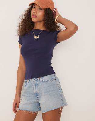Gina Tricot Short Sleeve Boatneck Slim Fit Ribbed Top In Navy