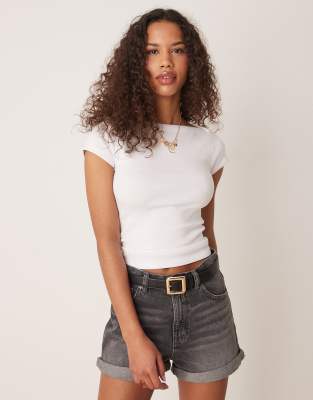Gina Tricot Short Sleeve Boatneck Slim Fit Ribbed Top In White