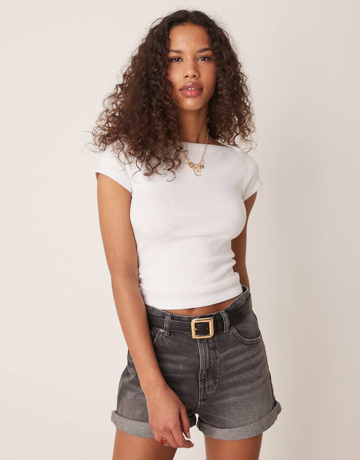 Gina Tricot short sleeve boatneck slim git rib top in white