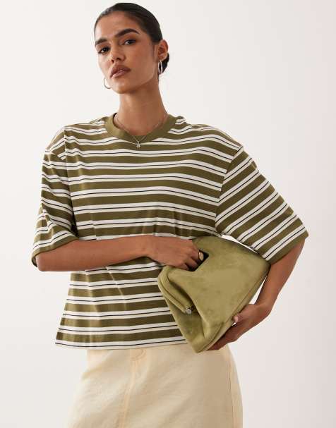 Gina Tricot short sleeve boxy tee in green stripe - view 1