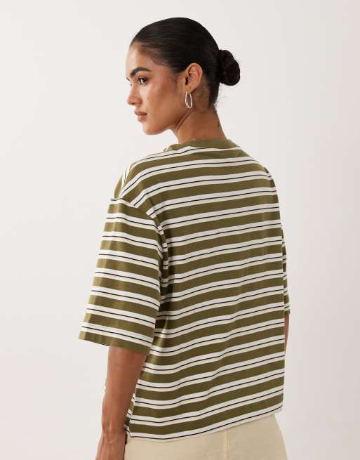 Gina Tricot short sleeve boxy tee in green stripe, 4 of 4