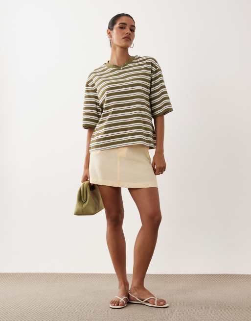 Gina Tricot short sleeve boxy tee in green striped print, 2 of 4