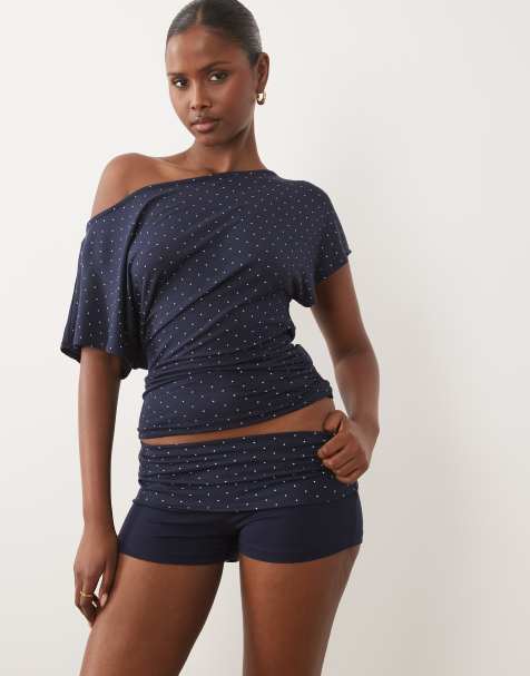 Gina Tricot short sleeve cinch lounge top co-ord in navy polka - view 1