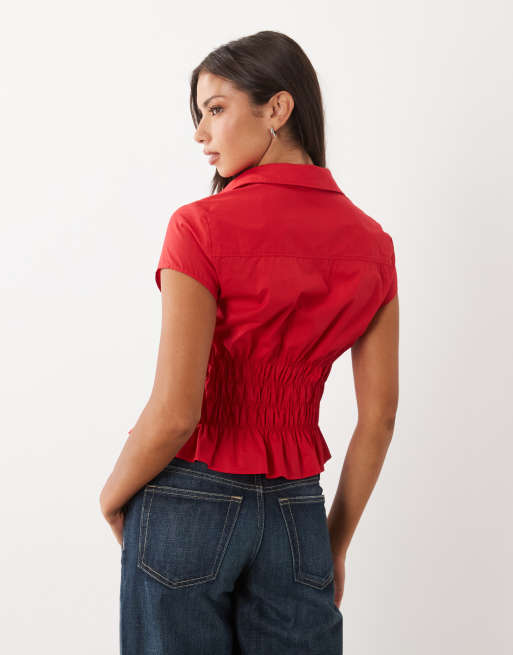 Gina Tricot short sleeve cinch shirt in cherry red, 4 of 4
