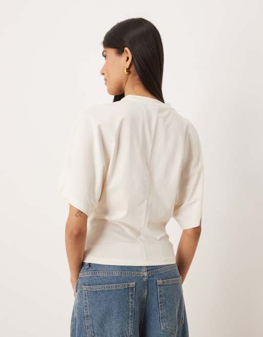 Gina Tricot short sleeve cinched waist top in white, 4 of 4