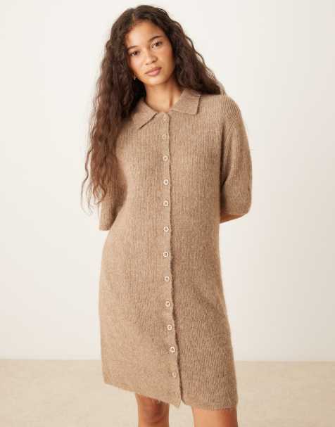 Gina Tricot short sleeve collar button through knitted mini dress in beige - view 1