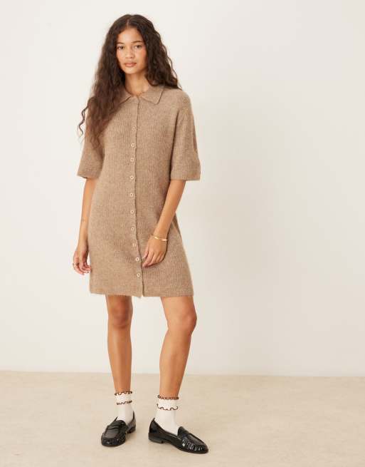 Gina Tricot short sleeve collar button through knitted mini dress in beige, 2 of 4