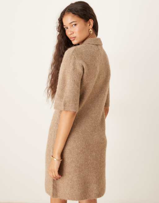 Gina Tricot short sleeve collar button through knitted mini dress in beige, 4 of 4