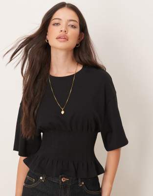 short sleeve corset pleated t-shirt in black