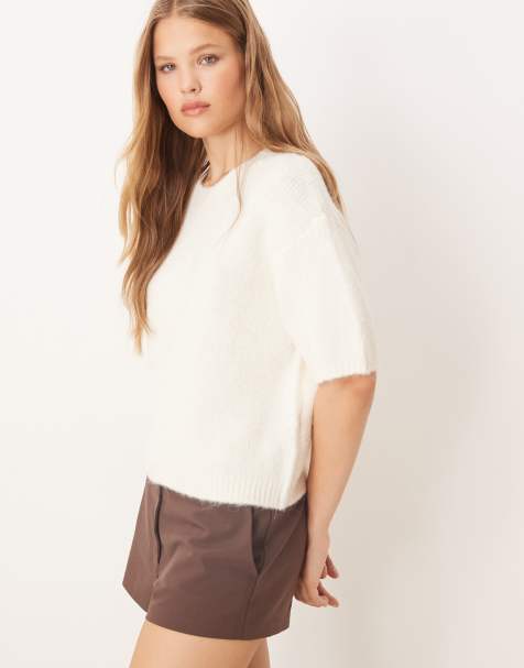 Gina Tricot short sleeve crew neck midweight knitted top in off white - view 1