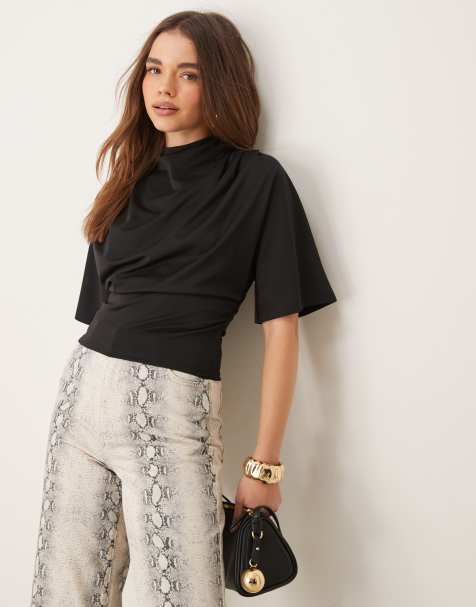 Gina Tricot short sleeve drape boat neck top with elbow sleeves in black - view 1