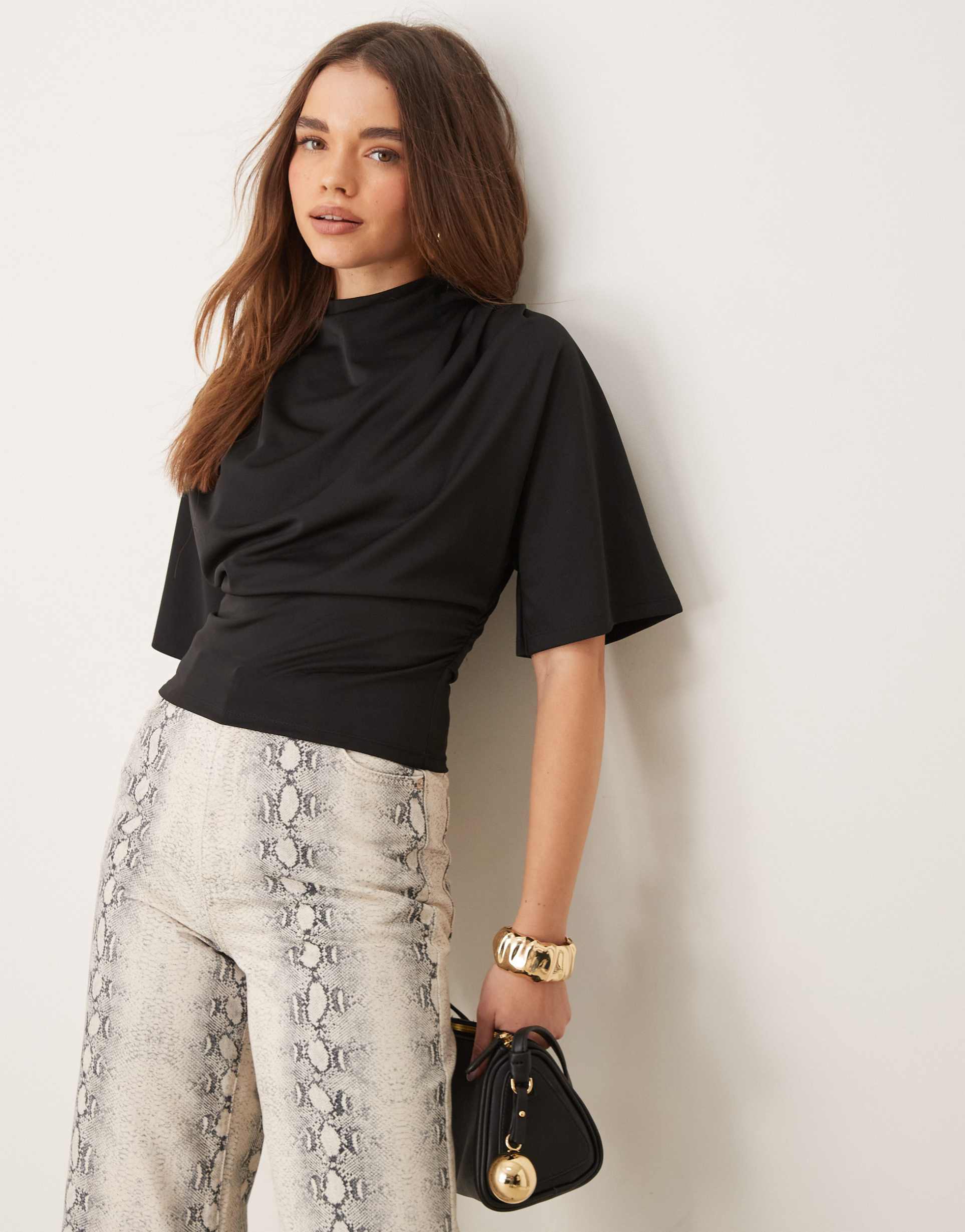 gina tricot short sleeve drape boat neck top with elbow sleeves in black