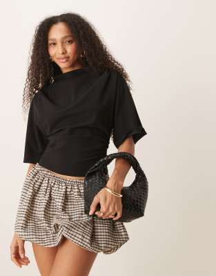 Gina Tricot Short Sleeve Drape Boat Neck Top With Elbow Sleeves