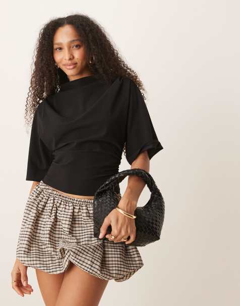 Gina Tricot short sleeve drape boat neck top with elbow sleeves in black - view 1