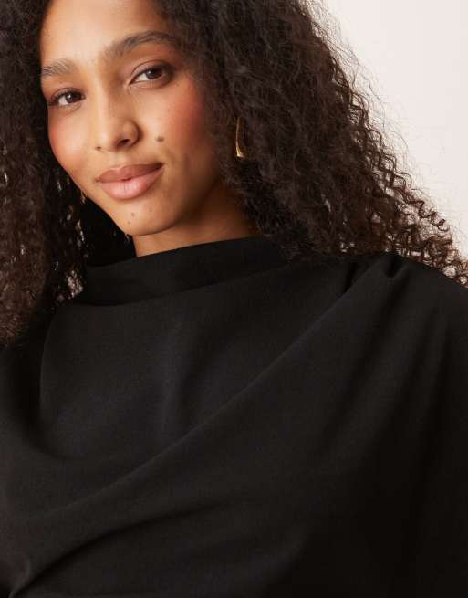 Gina Tricot short sleeve drape boat neck top with elbow sleeves in black