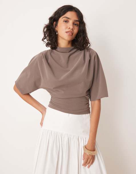 Gina Tricot short sleeve drape boat neck top with elbow sleeves in brown - view 1