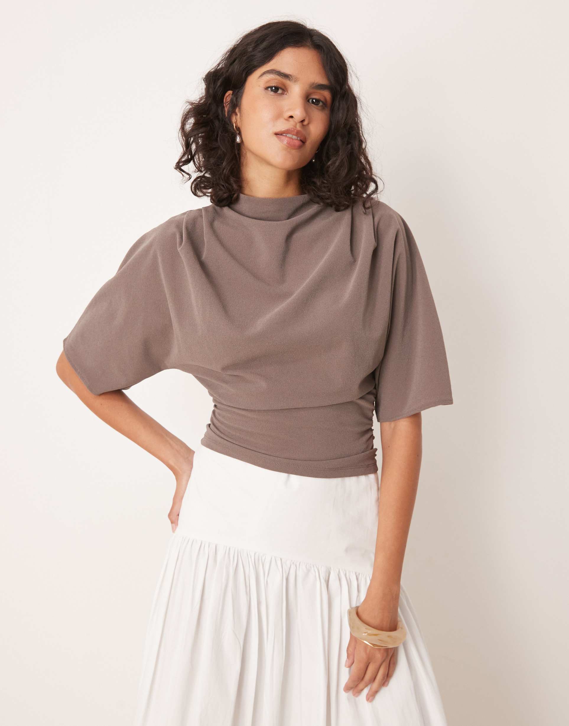 gina tricot short sleeve drape boat neck top with elbow sleeves in brown