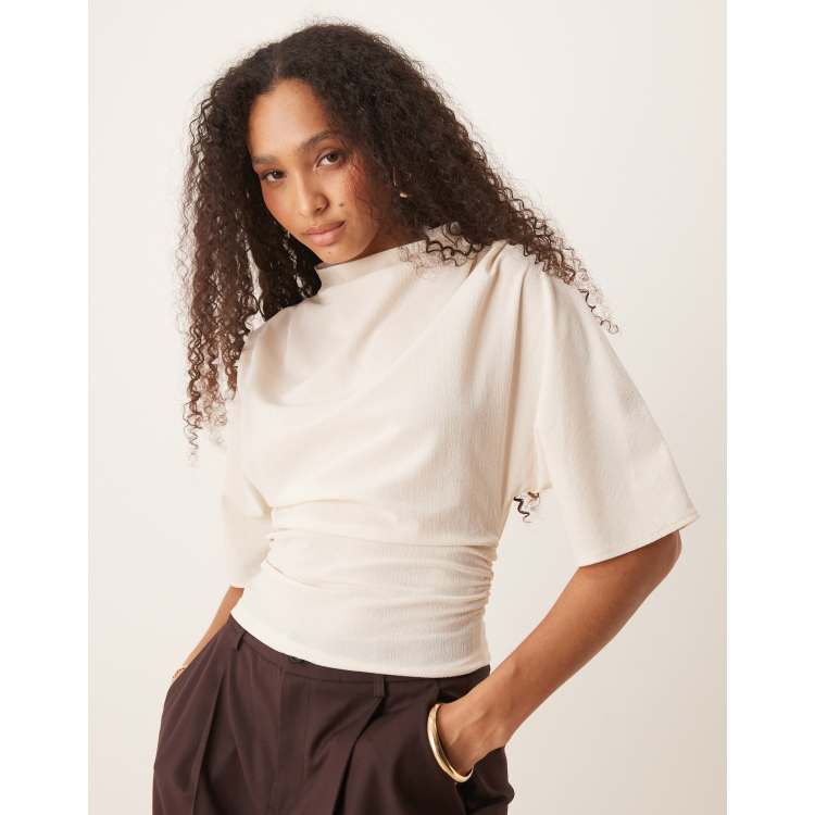 Gina Tricot short sleeve drape boat neck top with elbow sleeves in