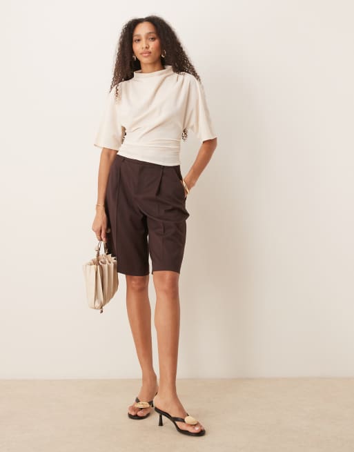 Gina Tricot short sleeve drape boat neck top with elbow sleeves in off-white