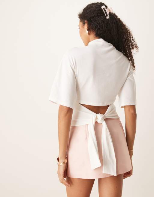 Gina Tricot short sleeve drape boat neck top with tie back in off-white