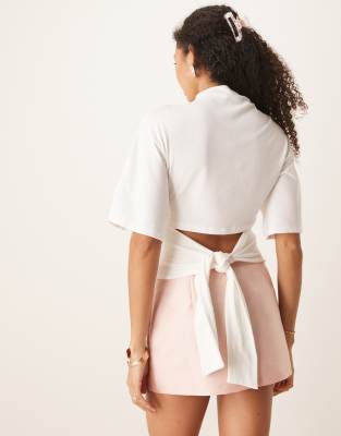 Gina Tricot short sleeve drape boat neck top with tie back in off-white