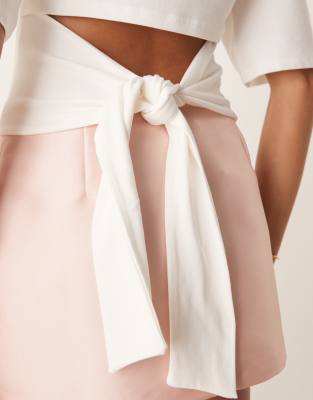 Gina Tricot short sleeve drape boat neck top with tie back in off-white