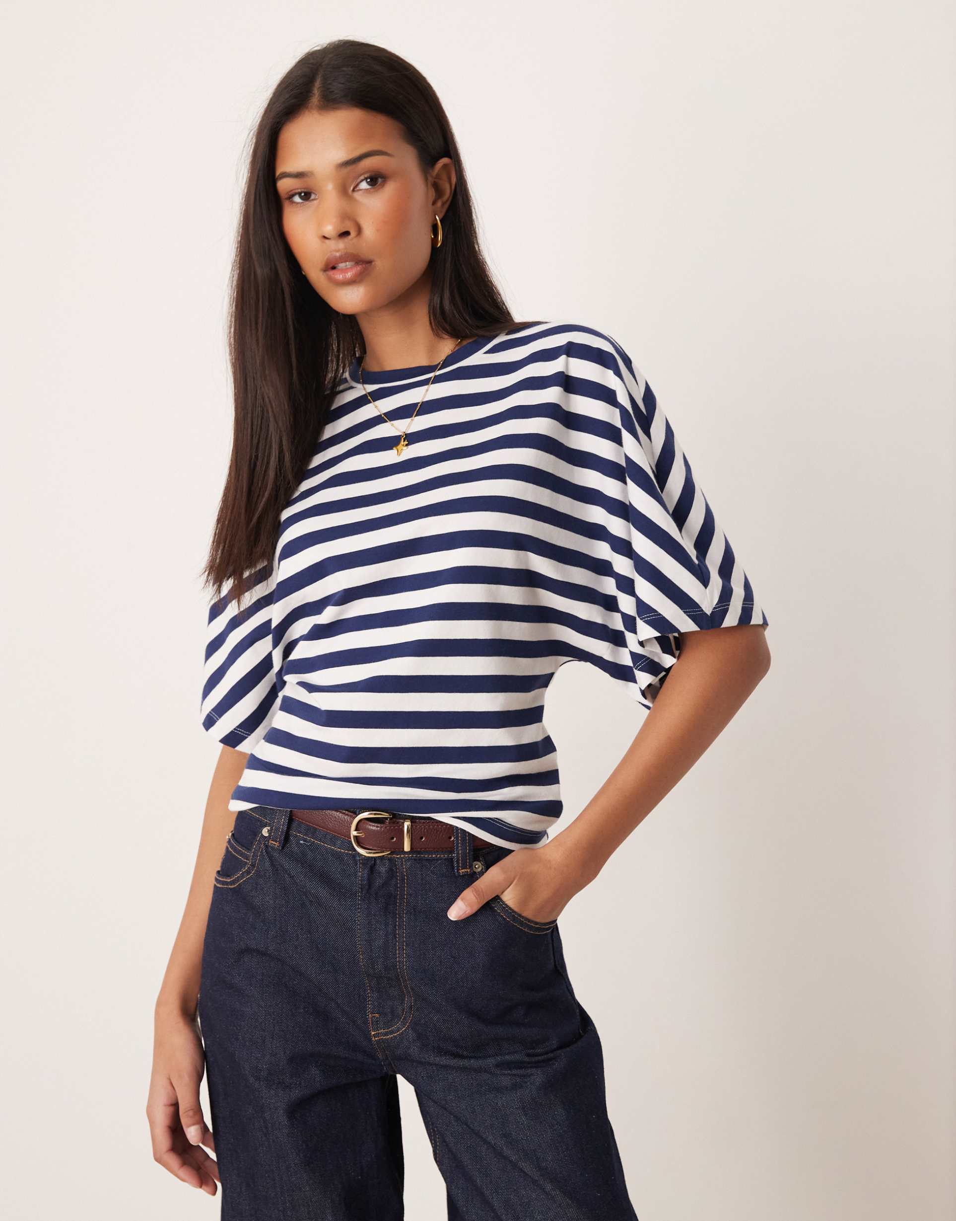 gina tricot short sleeve fitted top in blue and white stripe