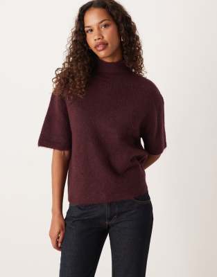 Gina Tricot Short Sleeve Funnel Neck Knit Wool Alpaca Blend Top In Burgundy