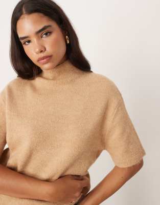 Gina Tricot Short Sleeve Funnel Neck Knit Wool Alpaca Top In Neutral