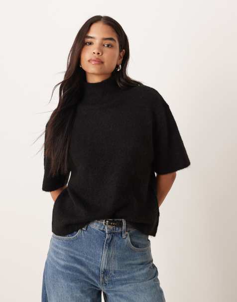 Gina Tricot short sleeve funnel neck knit wool alpaca top in black - view 1