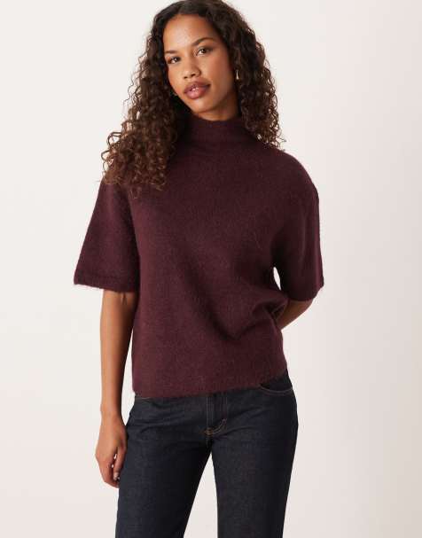 Gina Tricot short-sleeve funnel-neck knitted wool-alpaca blend top in dark wine burgundy - view 1
