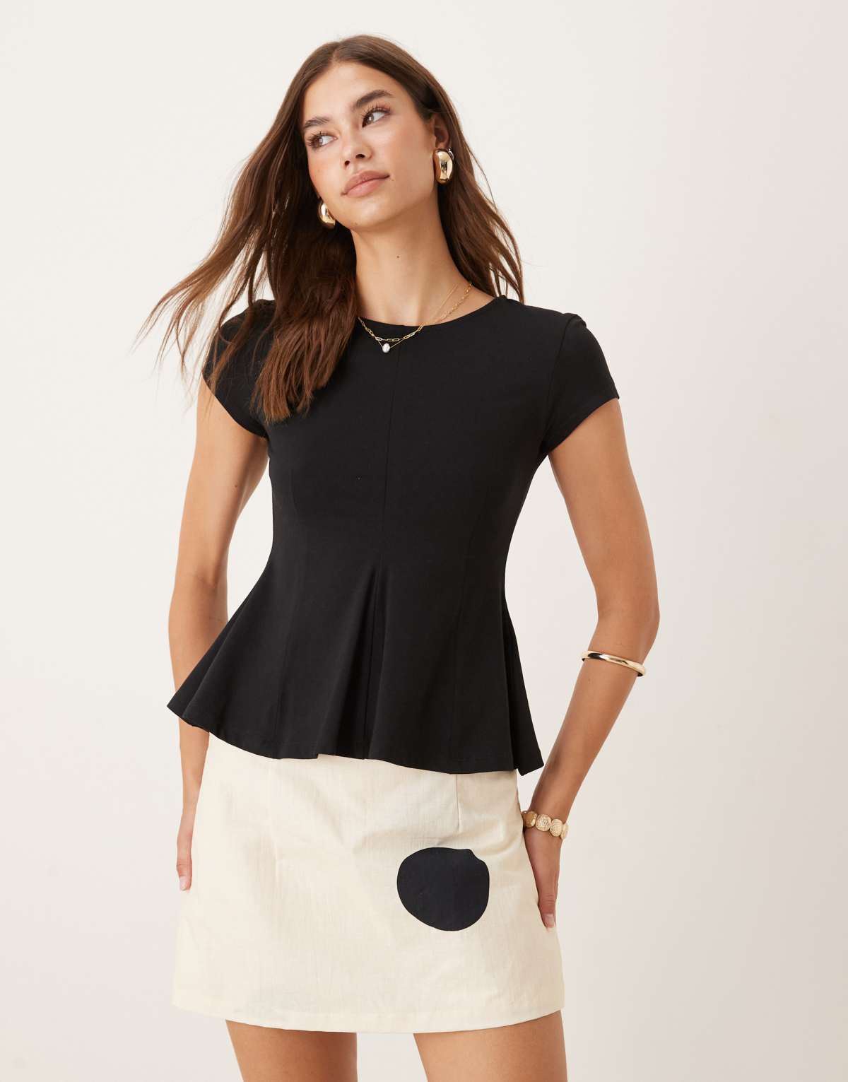 Gina Tricot short sleeve jersey peplum top in black