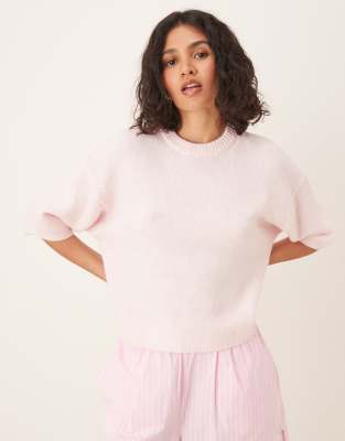 Gina Tricot Short Sleeve Knit Crew Neck Puff Sleeve Top In Pink
