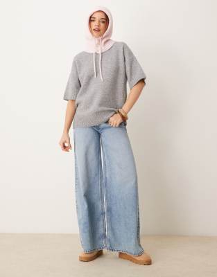 Gina Tricot Short Sleeve Knitted Oversized Sweater In Gray Melange