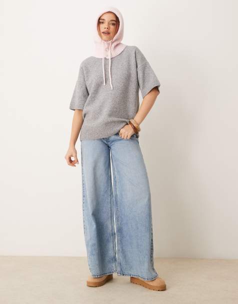 Gina Tricot short sleeve knitted oversized sweater in grey melange - view 1