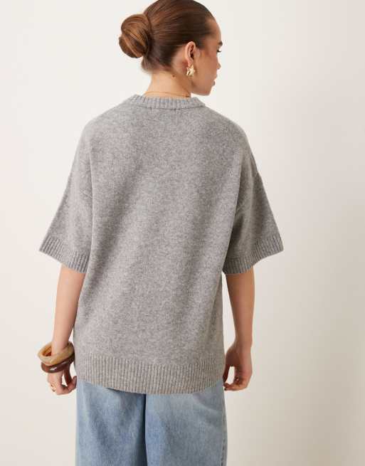 Gina Tricot short sleeve knitted oversized sweater in grey melange, 3 of 4