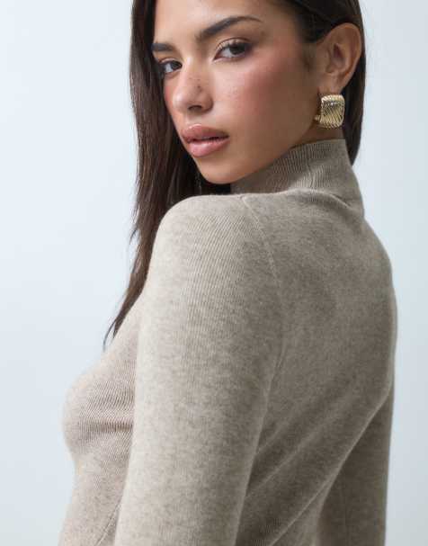 Gina Tricot short sleeve knitted polo funnel neck top in beige melange - view 1