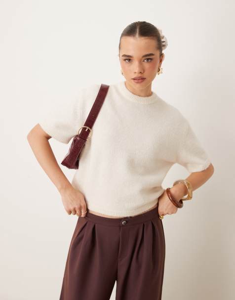Gina Tricot short sleeve knitted sweater in warm white - view 1