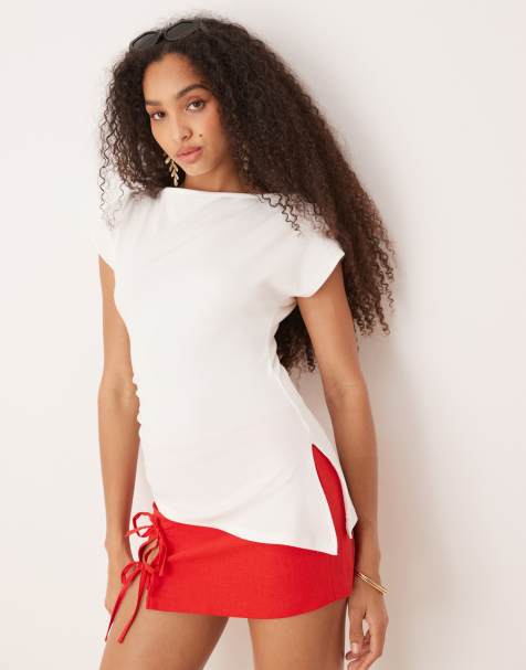 Gina Tricot short sleeve longline asymmetric top in off white - view 1