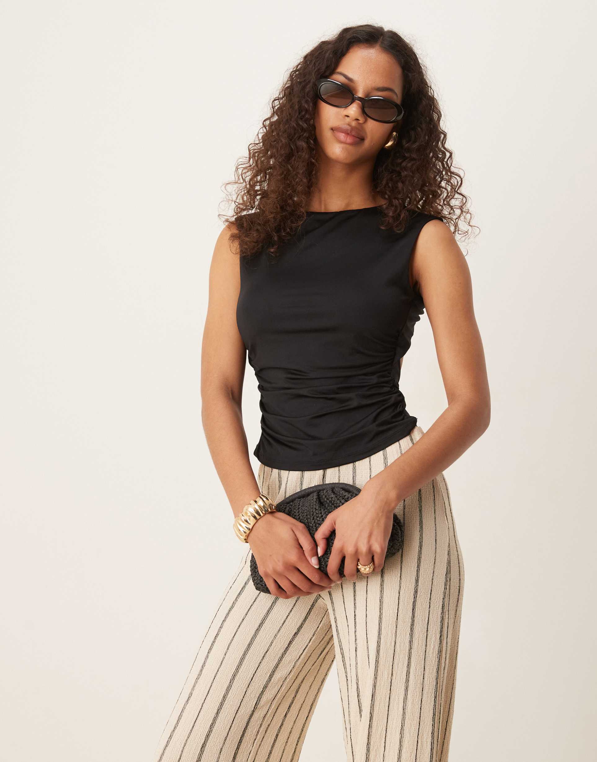 gina tricot short sleeve open back top in black
