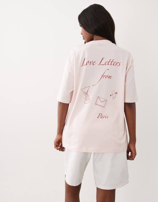 Gina Tricot short sleeve red 'Love letters from Paris' printed oversized tee in pink , 4 of 4