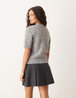 Gina Tricot Short Sleeve Rhinestone Knit Top In Gray