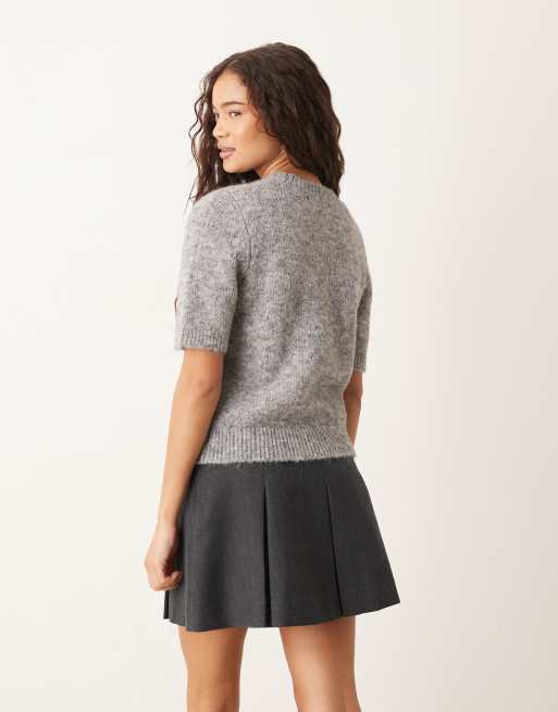 Gina Tricot short sleeve rhinestone knitted top in light grey melange, 2 of 4