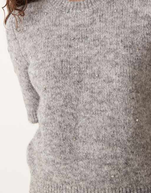 Gina Tricot short sleeve rhinestone knitted top in light grey melange, 3 of 4