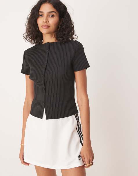 Gina Tricot short sleeve rib button front top in black - view 1