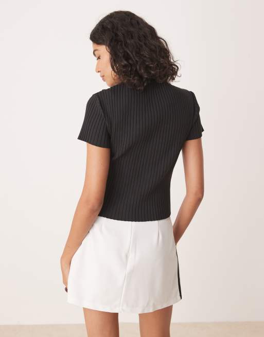 Gina Tricot short sleeve rib button front top in black